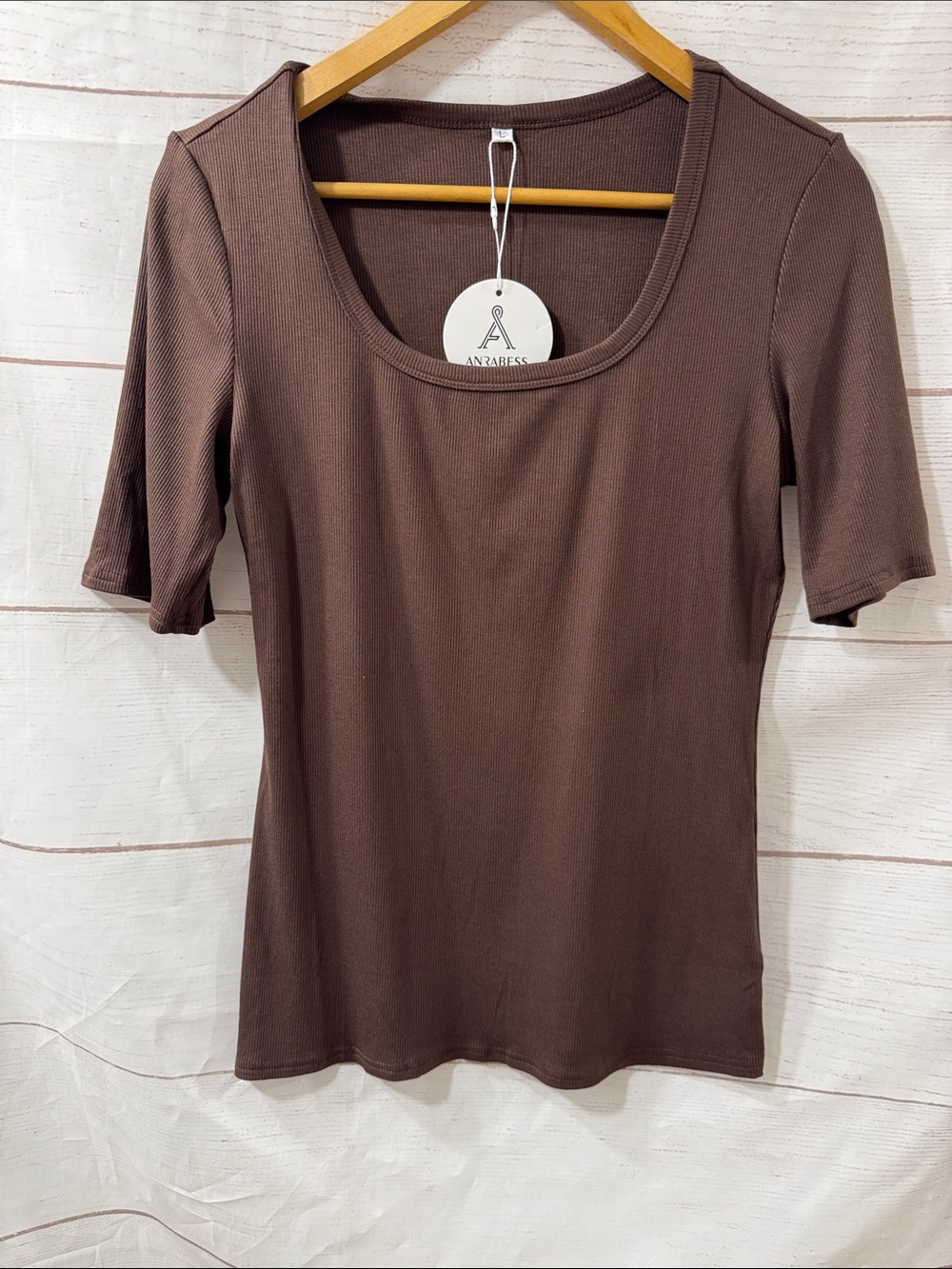 NEW Medium Brown Scoop Neck Women's Top ANRABESS Half Sleeve Tops Ribbed